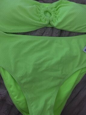 Women’s Neon Lime Bandeau Bikini Set with Ring Detail